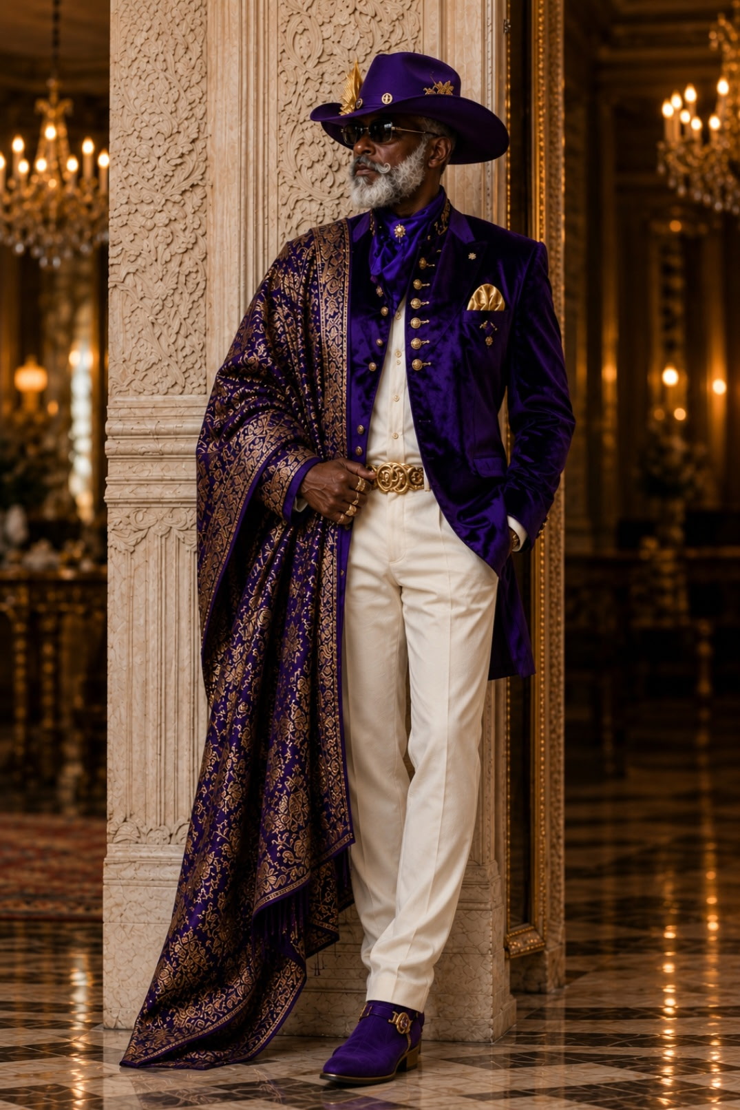 View the Gold Regal Collection Western GQ luxury fashion — Gold Regal Collection flagship: regal purple velvet and gold look with gold-embroidered shawl; opens full gallery of purple, navy, emerald, cream, black and burgundy gold looks